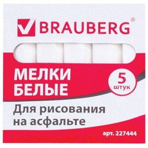 Мел белый BRAUBERG, набор 5 шт., для рисования на асфальте, квадратный, 227444